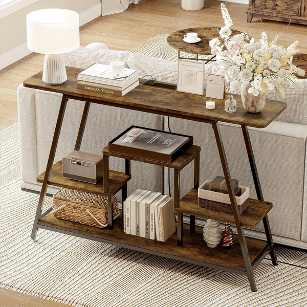 47.2" Narrow Entryway Table with Power Outlets, Industrial 4-Tier Console Table with Storage